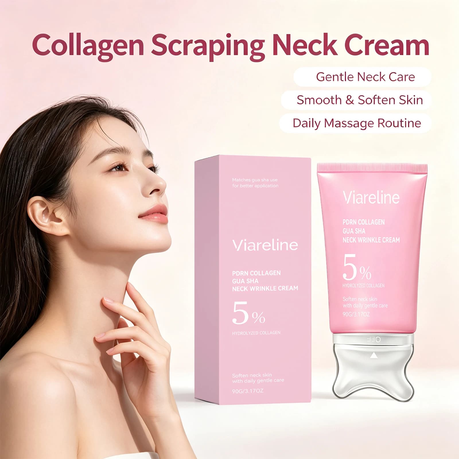 Collagen Neck Cream for Dry Skin Firming Hydrating Smoothing Fine Lines Moisturizing Neck Moisturizer with Gua Sha Massager
