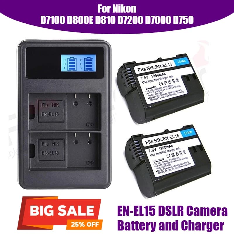Batteria e caricabatterie per fotocamera DSLR EN-EL15 da 7,0 V 1900 mAh, per Nikon D7100 D800E D810 D7200 D7000 D750