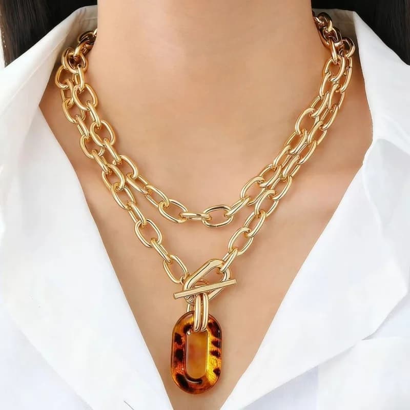 Multilayer Gold Chain Necklace for Women Leopard Print Acrylic Pendant Punk Hip Hop Jewelry