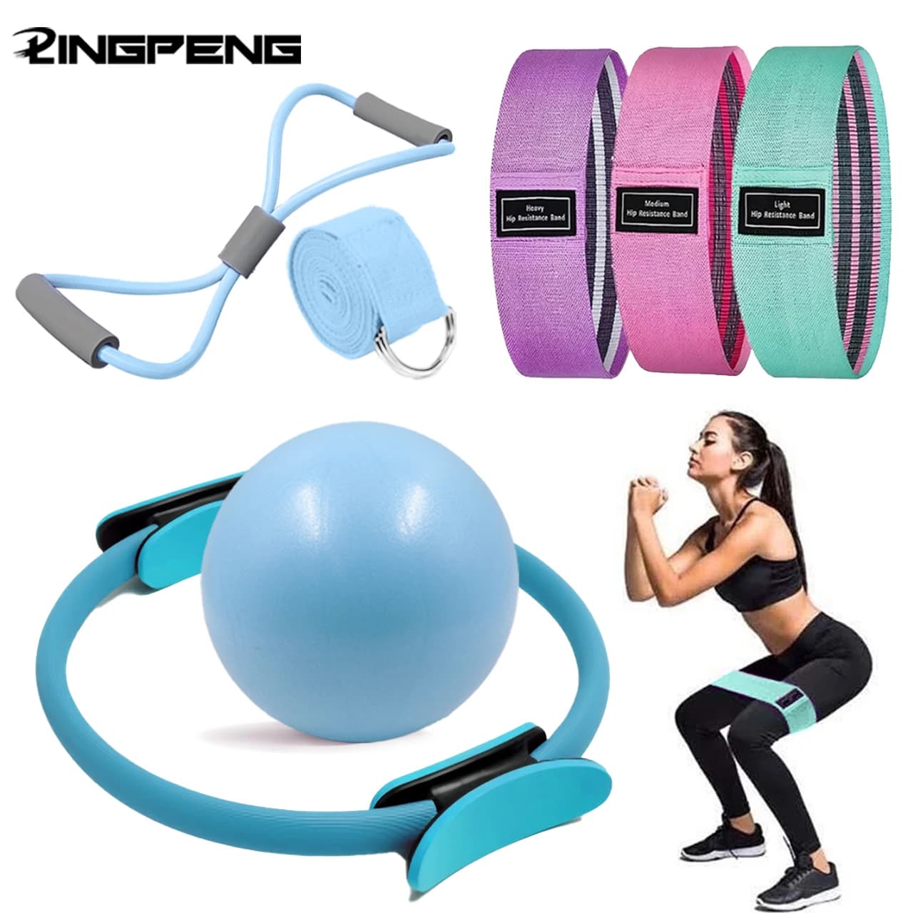 Set base per pilates da 7 pezzi, palla fitness, cintura elastica elastica, modellatura della schiena, allenamento muscolare, attrezzatura per yoga fitness