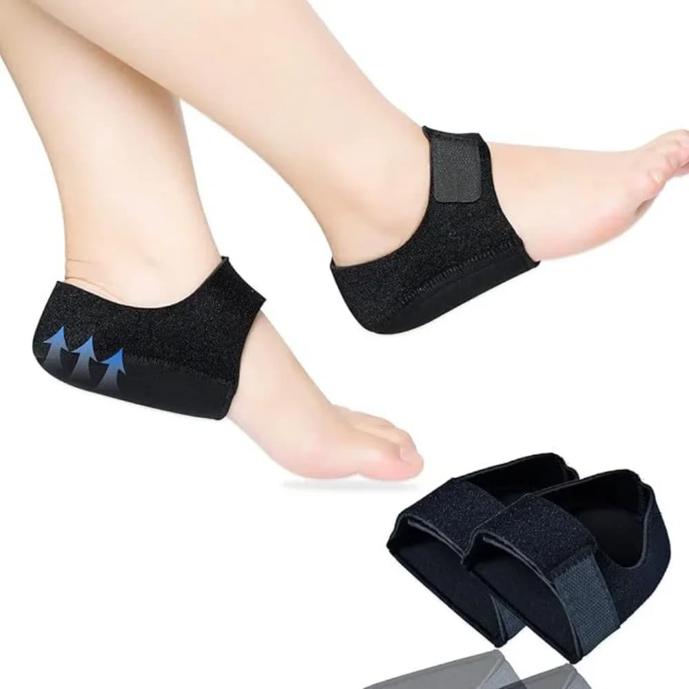 1 paio di cuscinetti per tallone in silicone, assorbimento degli urti, allevia la pressione delle gambe, cinghie regolabili, prevengono le solette antiscivolo