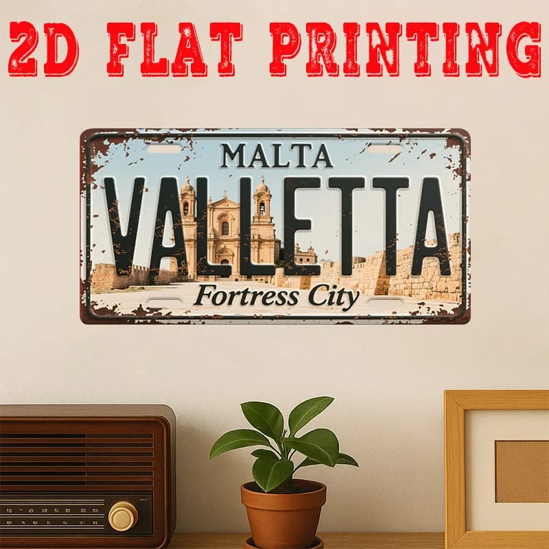 Targa in Metallo Stile Targa Automobilistica Malta Valletta "Città Fortezza" con Stampa 2D, Decorazione a Tema Città Storica Mediterranea