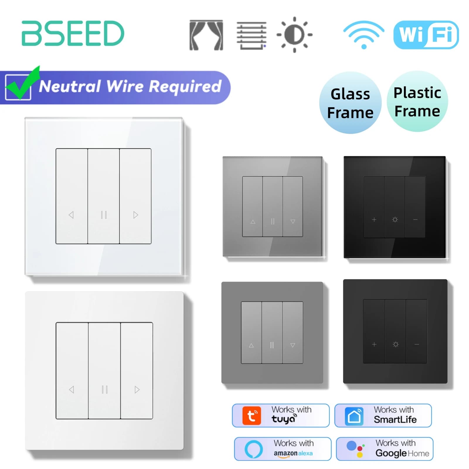 Serie di Interruttori Smart BSEED per Tende/Luci/Rulli con Wi-Fi, Interruttori a Scatto Intelligenti con Retroilluminazione Gialla, Cornice in Vetro/Plastica, Compatibili con App Tuya