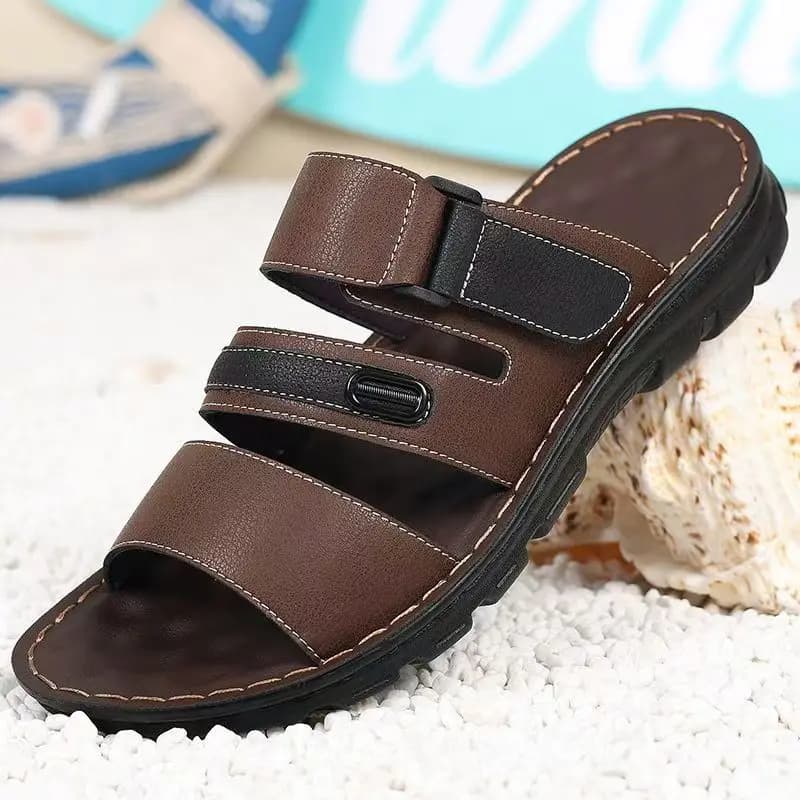 Men's Real Leather Big Size One Word Slippers Summer New Soft sole Non Slip Hollow Out Outdoor Flat Sole Beach Sandals Slippers