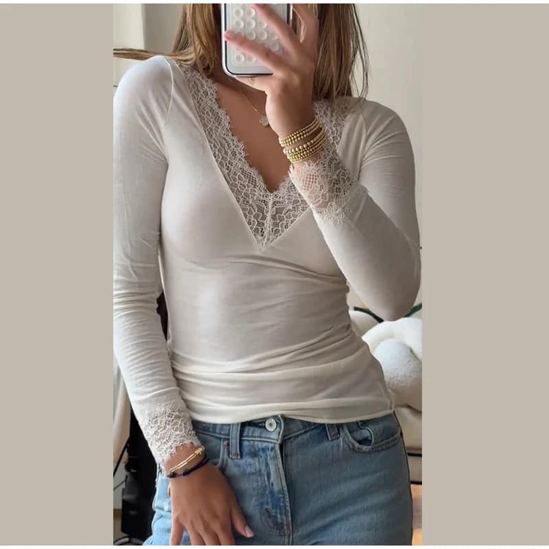 Shirt Intima Woman Spring/Autumn 2026 with Neckline V and Lace, Long sleeve, Solid color, Ideal for Stratifying