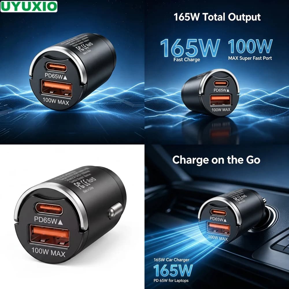 165W Two Port Car Charger PD 65W USB C and 100W USB A Charging for Multiple Mobile Devices Zinc Alloy Body with Safe Charging