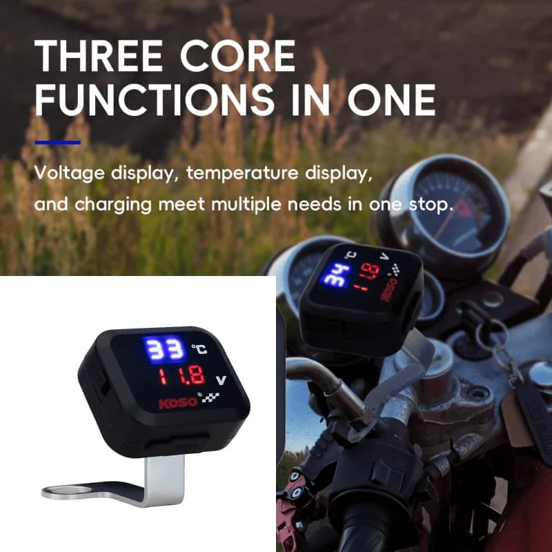 10-24V 3 In 1 Multifunctional Motorcycle USB Fast Charger with Thermometer and Voltmeter Waterproof Digital Display Motor Parts