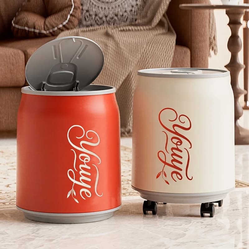 Cestino Creativo a Pulsante con Coperchio a Forma di Lattina, Contenitore Portatile per Rifiuti con Ruote per Casa, Bagno e Cucina