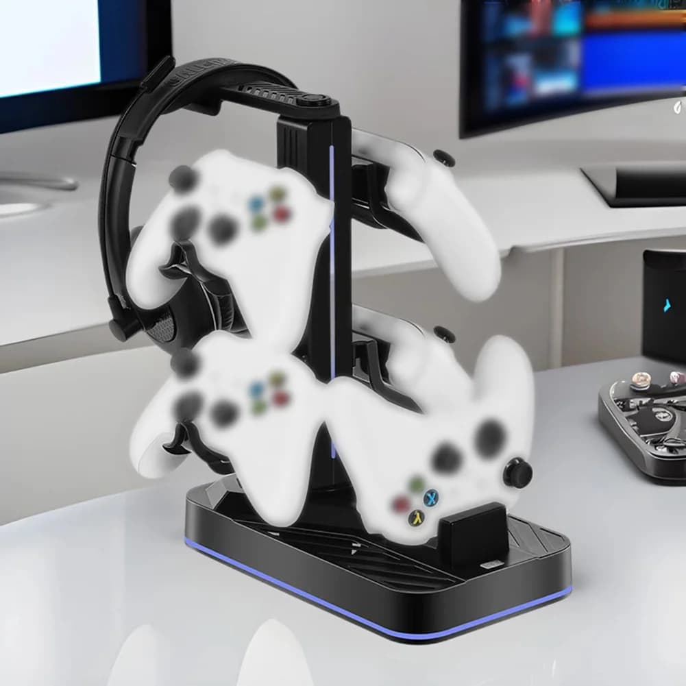 Supporto per controller e cuffie per PS5, base di ricarica per controller, supporto per cuffie multifunzionale con strumenti di archiviazione a LED