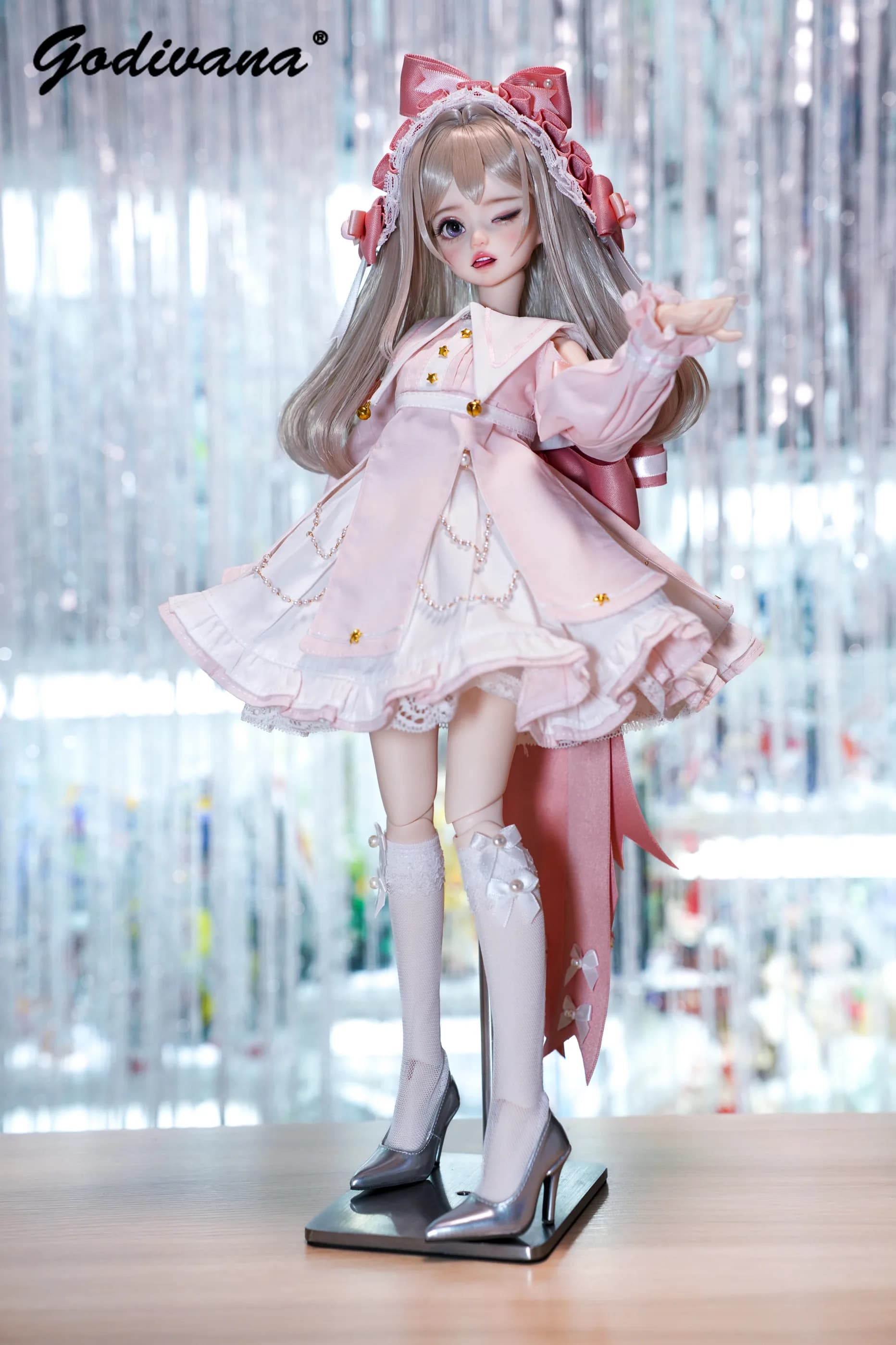 1/4 BJD Doll Suit Sweet Pastel Lolita Dress Outfit Frill Lace Bow Bonnet Headdress Ruffled Layered Dress with Socks Fit 1/6 BJD