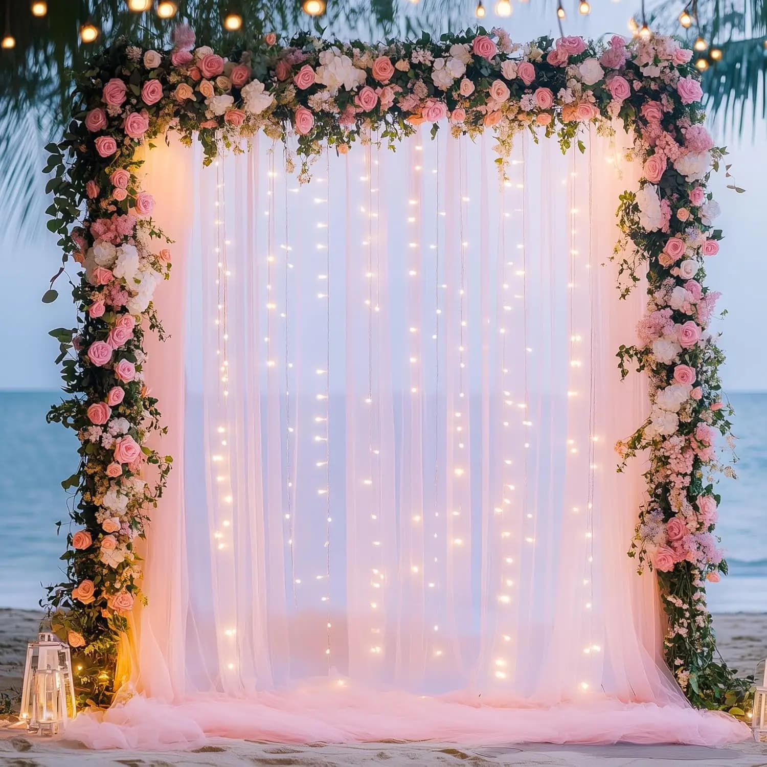 4 pannelli-5 piedi x 10 piedi Tenda da sfondo in tulle rosa con cordino di luci per genitori, tende trasparenti per fondale fotografico con luci per noi