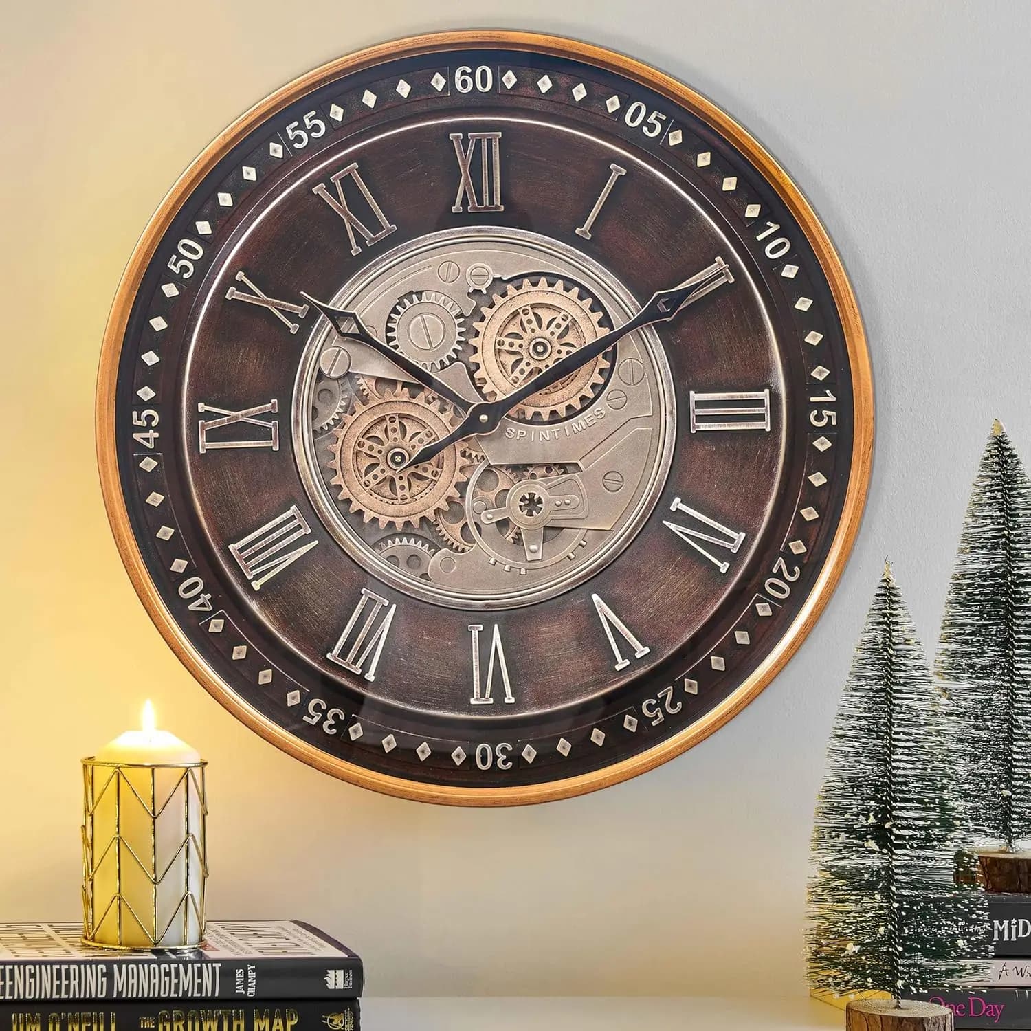 24 Inch Wall Clock with Mobile Gears, Steampunk Oversize Industrial Clock, Old Golden Metal Wall Clock with Roman Numerals