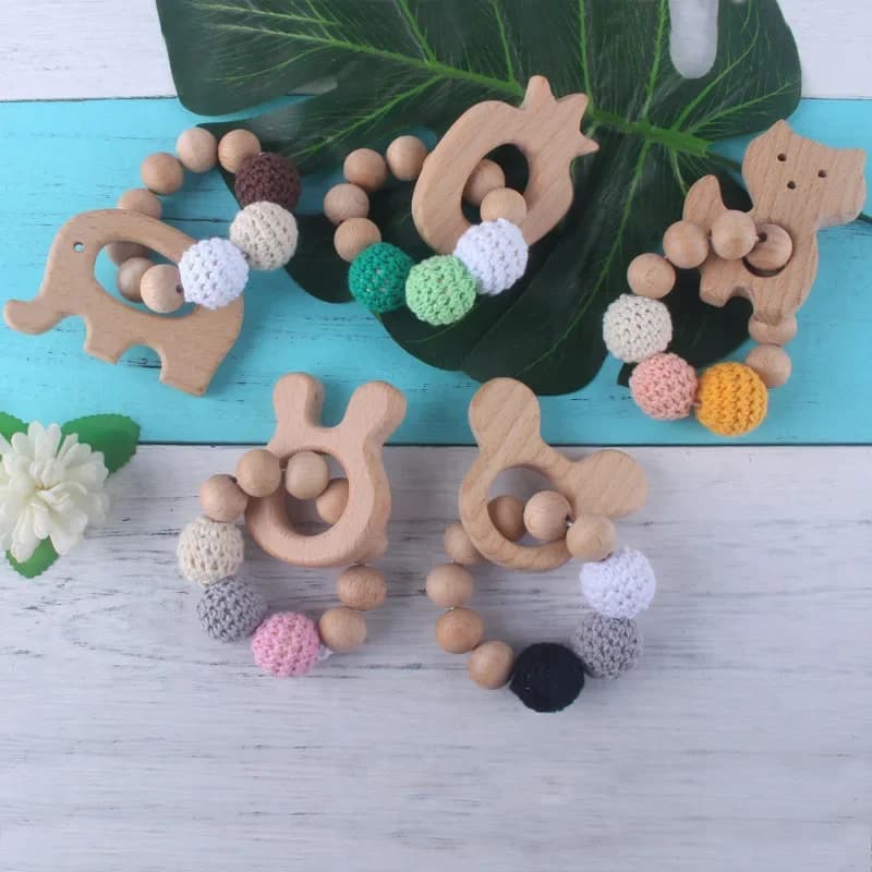 Kissteether Massaggiagengive in legno Coniglio Elefante Perline all'uncinetto Artigianato in legno Anello inciso Perline Massaggiagengive per bambini Giocattoli in legno per sonaglio per bambini