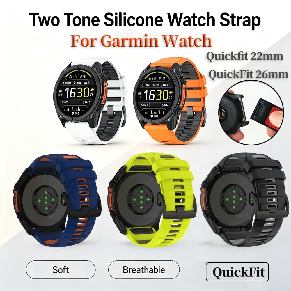 Fashion Two-Tone Silicone Watch Strap,Quickfit 22mm 26mm For Garmin Watch Fenix 8 Pro/8/E/7/7Pro/6/6Pro/5/7X/6X/5X,Enduro 2/3, Descent MK1/MK2/MK2i/MK3i/G1/G2, Approach S60 S62 S70, Adjustable Replacement Strap.For Men And Women,Smart Watch Accessories