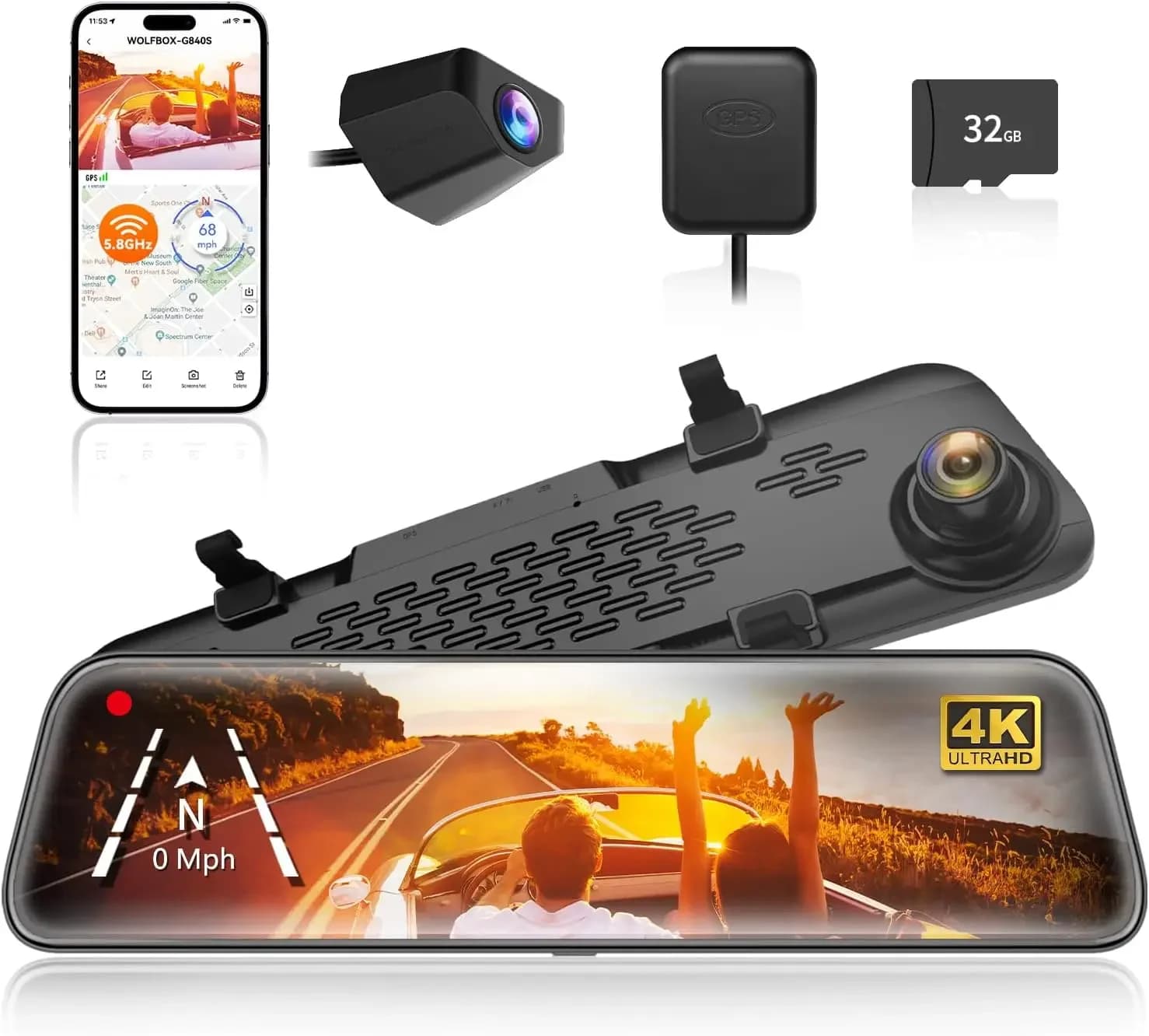 Dash Cam a Specchio 4K da 12 Pollici con Telecamera Posteriore, WiFi GPS, Doppia Lente, Visione Notturna, Monitoraggio Parcheggio per Auto e Camion