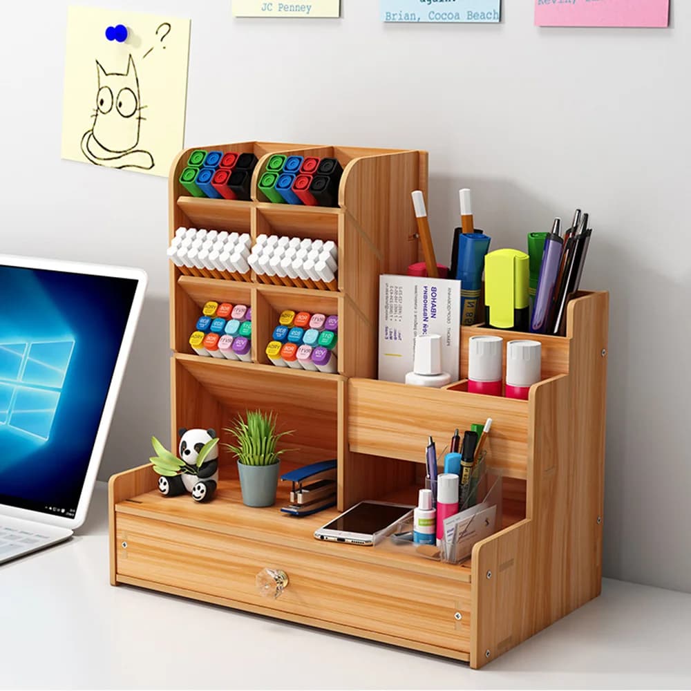 Wooden desk pen holder, pen holder for office and office stationery