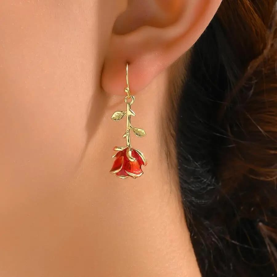 1Pair Romantic Lovely Earrings Metallic Rose Flower Red Enamel Creative Punky Drop Earrings For Holiday Party Dating Valentines,