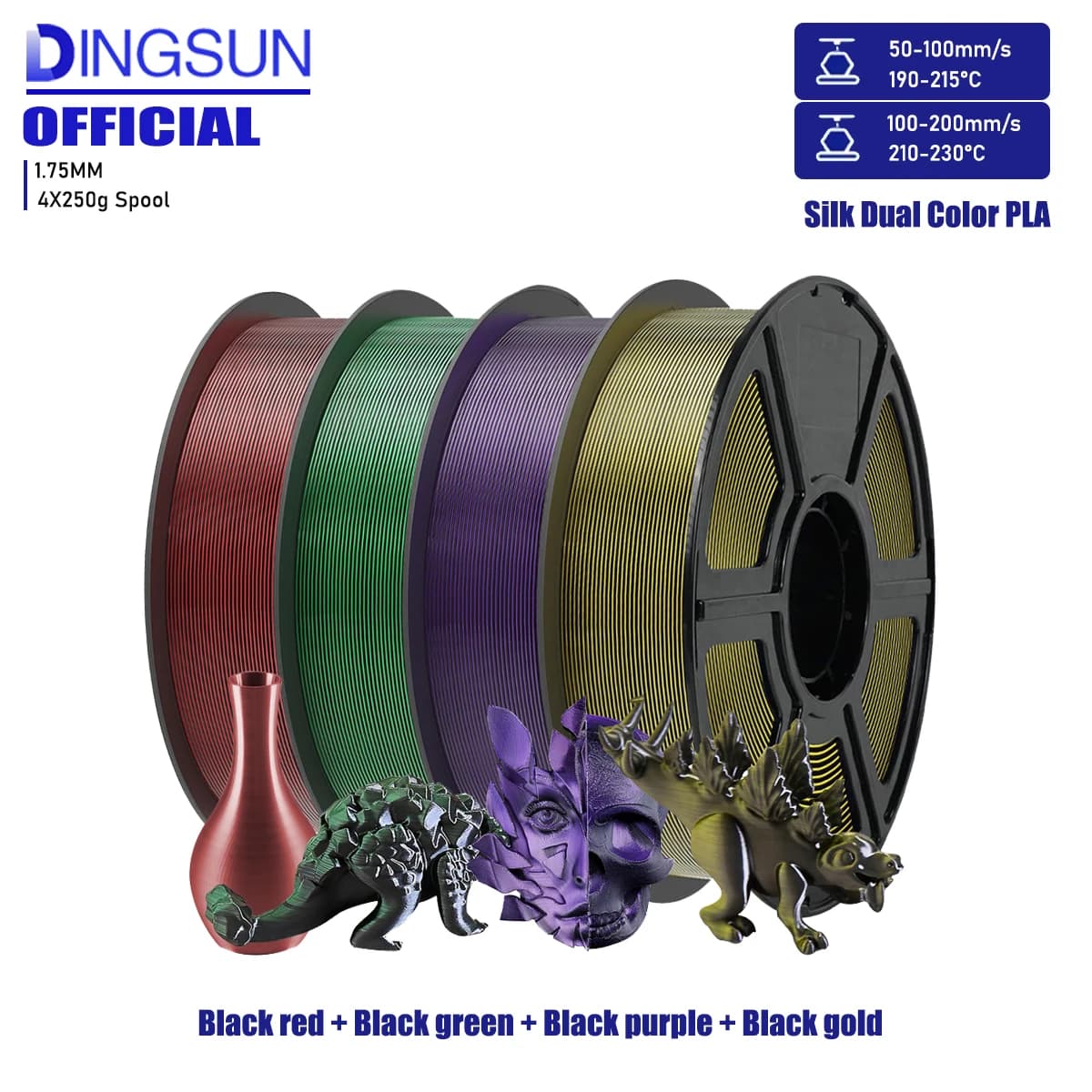 Filament PLA Silk bicolor, Chrome 2-in-1 with Color change for 3D printer, 1.75mm, Dimensional accuracy +/- 0.02mm