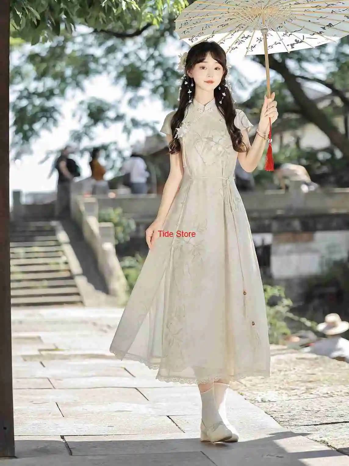 Pear Blossom Curve Improved Cheongsam Young Style Girl New Chinese Style Dress Daily Dresses Short Sleeve Summer