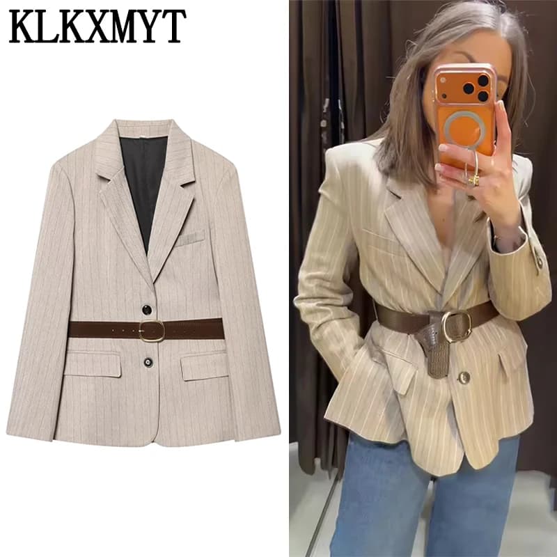 KLKXMYT Women's Blazer With Belted Single Breasted Long Sleeve Blazers Coat 2026 Female Casual Commute Office Fashion Jacket
