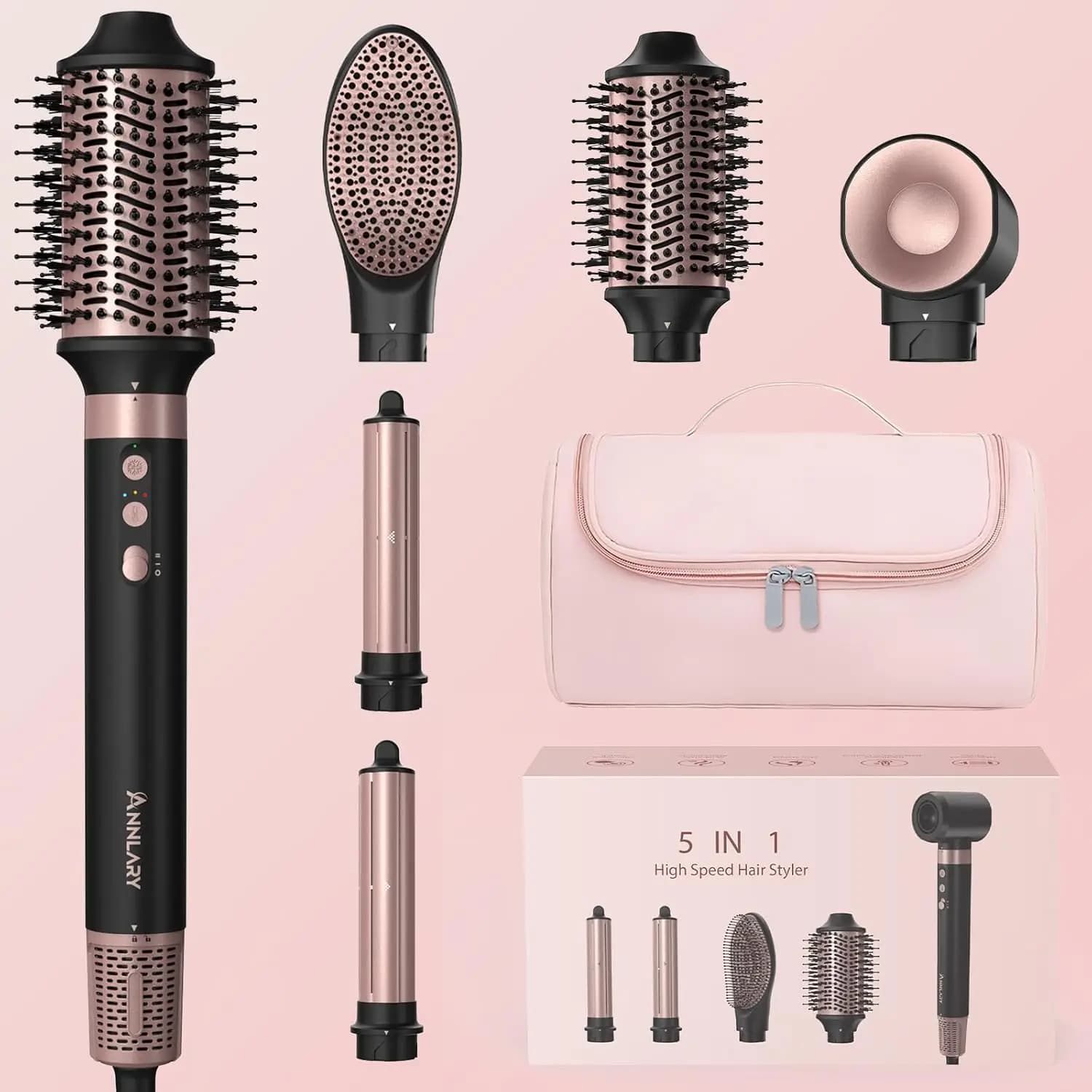 Styler ad Aria Calda Ionica 5 in 1, Spazzola Asciugacapelli 1400W, Arricciacapelli Automatici, Asciugatura Rapida, Volumizzante con Borsa da Viaggio