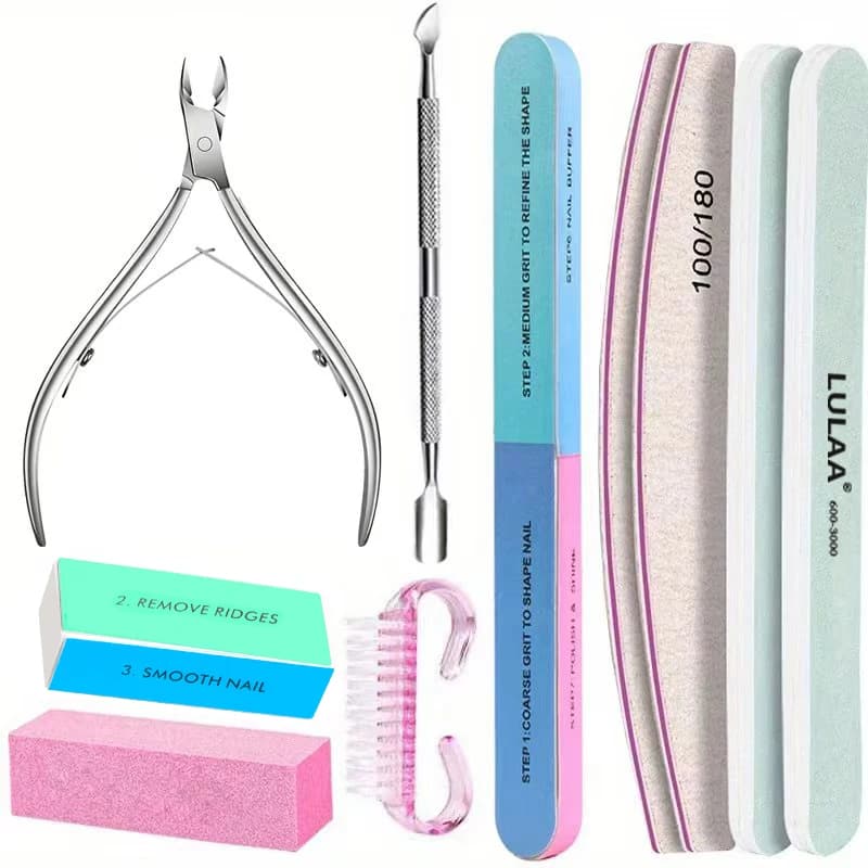 10Pcs Nail Art 100/180 Grit Professional Files Buffer Sponge Block Brush Nail Scissors Kit With Cuticle Nipper Pushers for women