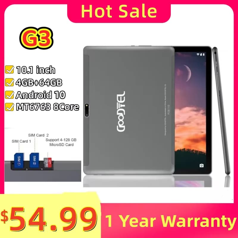 Tablet Android 10 G3 Type-C 10.1" con Chiamate 2G/3G/4G, Processore MT6763 Octa-Core, 4GB RAM, 64GB ROM, 1280 x 800 Pixel, 2 Slot SIM