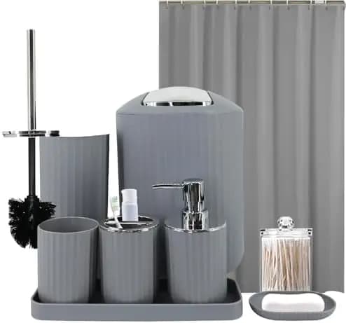 Set di Accessori per Bagno Grigio – Set da 8 Pezzi per Arredo Bagno con Tenda Doccia e Organizzatori per Articoli da Toeletta