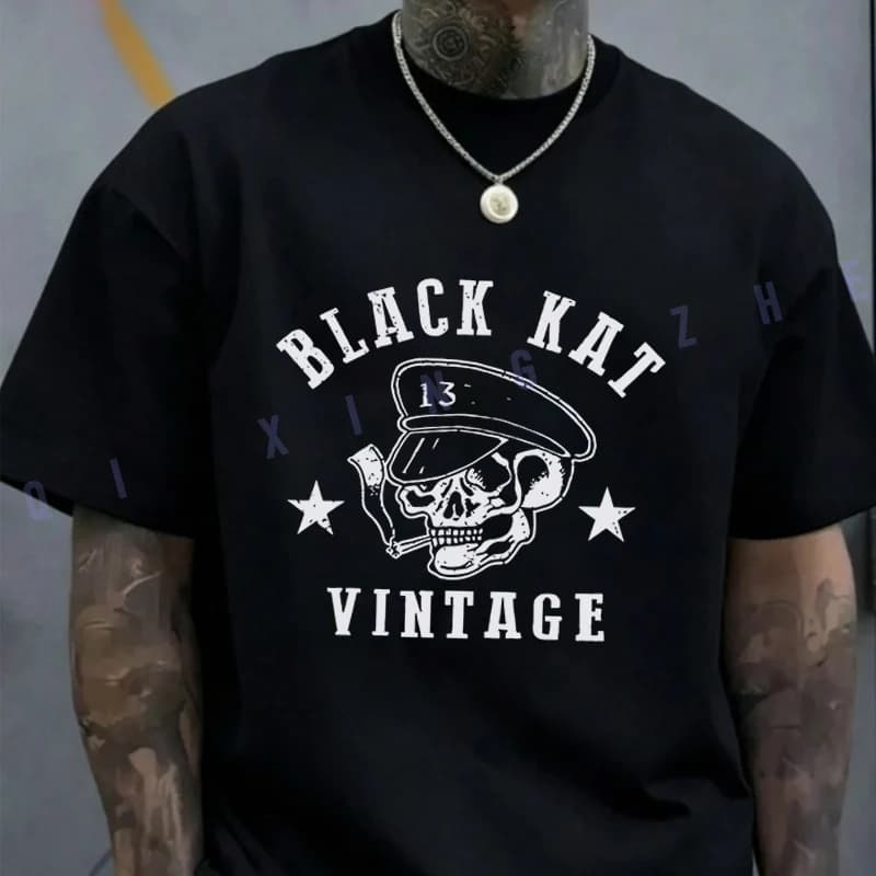 T-shirt Casual da Uomo in Cotone Nice Moto Skull Black Kat, Maglietta Estiva per Moto e Ciclismo, Top Sportivo 2026