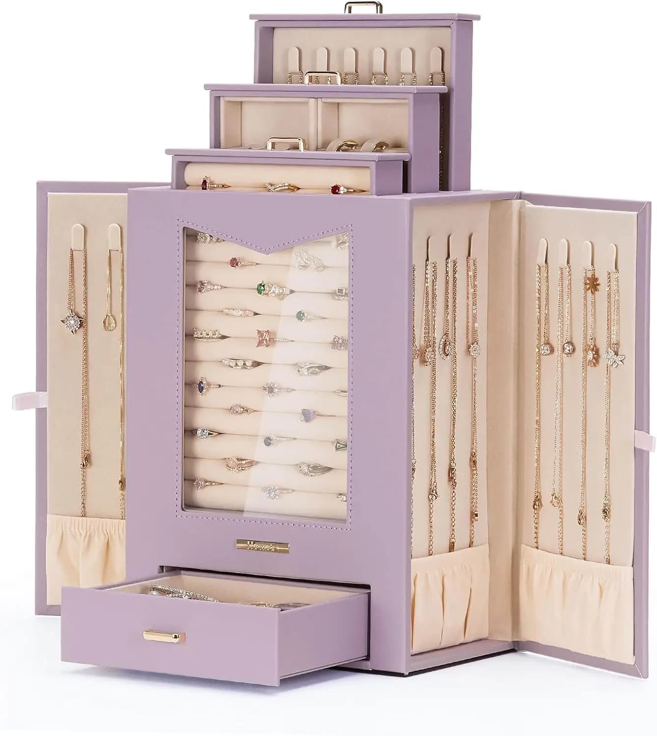 Jewelry organizer with transparent window with hooks for necklaces, rings, earrings, bracelets, purple gray showcase