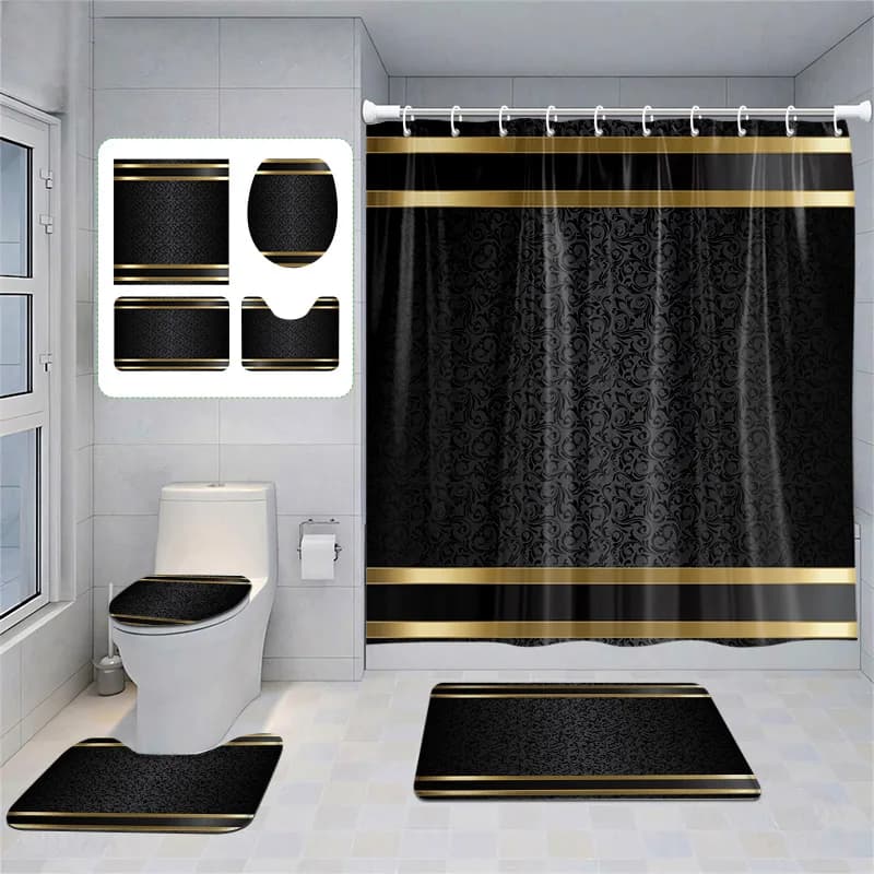 Luxury Black & Gold Bathroom Set - Elegant Shower Curtain, Non-Slip Bath Mats & Toilet Cover, Modern Decor (4-Piece)