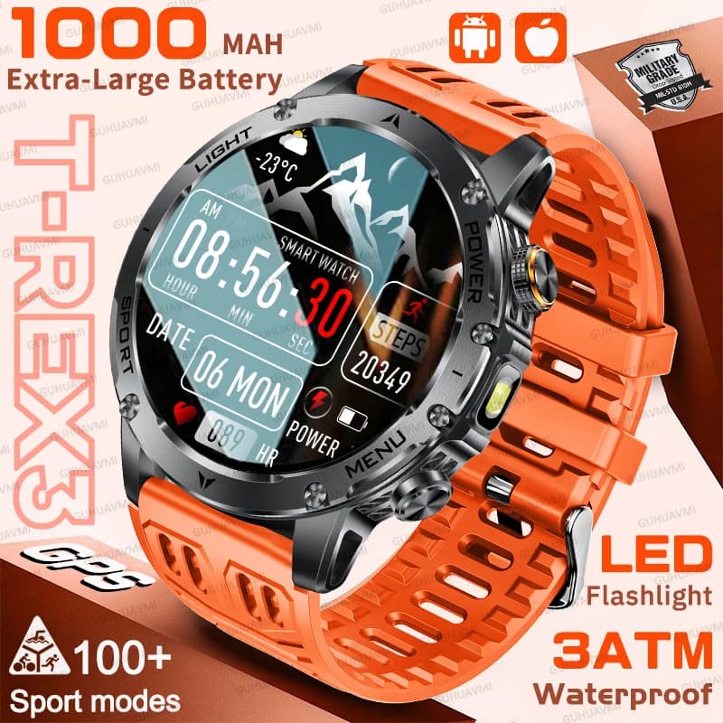 New T-Rex 3 Ultra Military Grade Smartwatch with 1000mAh Battery, IP68 Waterproof, for Sport and Fitness, with Bluetooth Calls and AMOLED Display