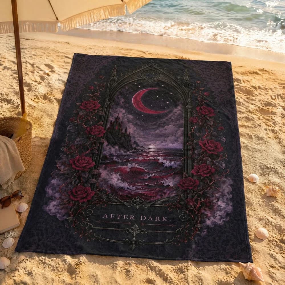 Gothic Vamp Romantic Beach Towel 80x130cm, Soft Washable Red Moon Rose Dark Castle Print Large Blanket for Goth Beach Travel