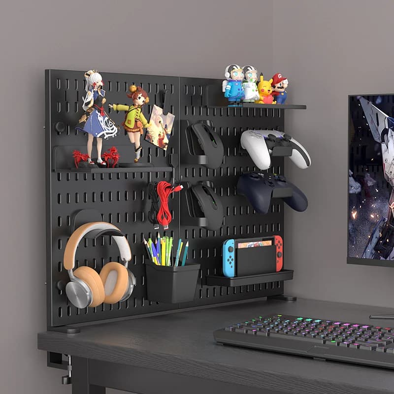 Organizzatore da scrivania per gaming con pegboard, senza foratura, per controller di gioco, cuffie, action figure, mouse, switch e ripiano espositivo
