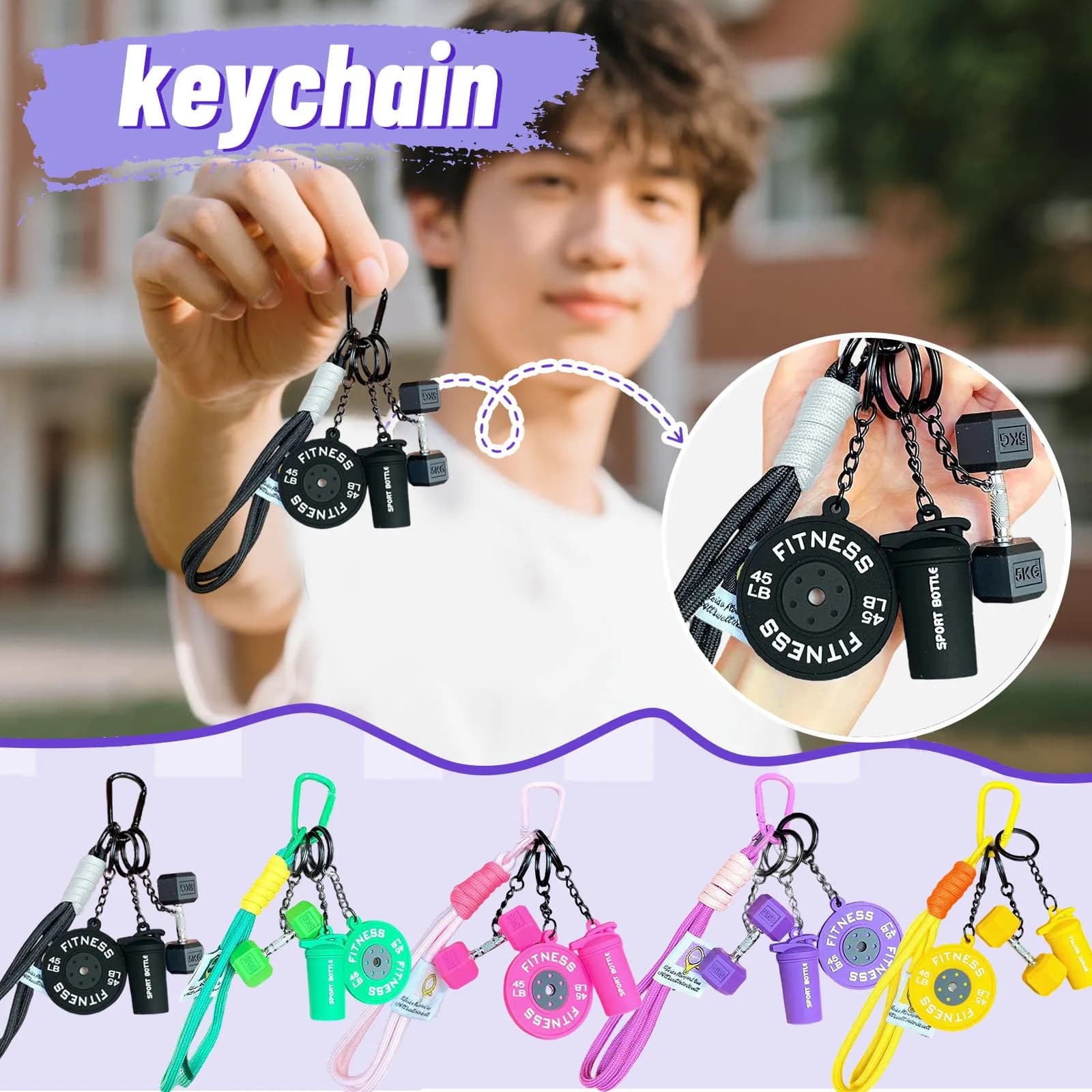 Keychain with silicone handlebars for gym lovers, fitness series keyring pendant, cute gift with gym bag pendant, creative sports pendants