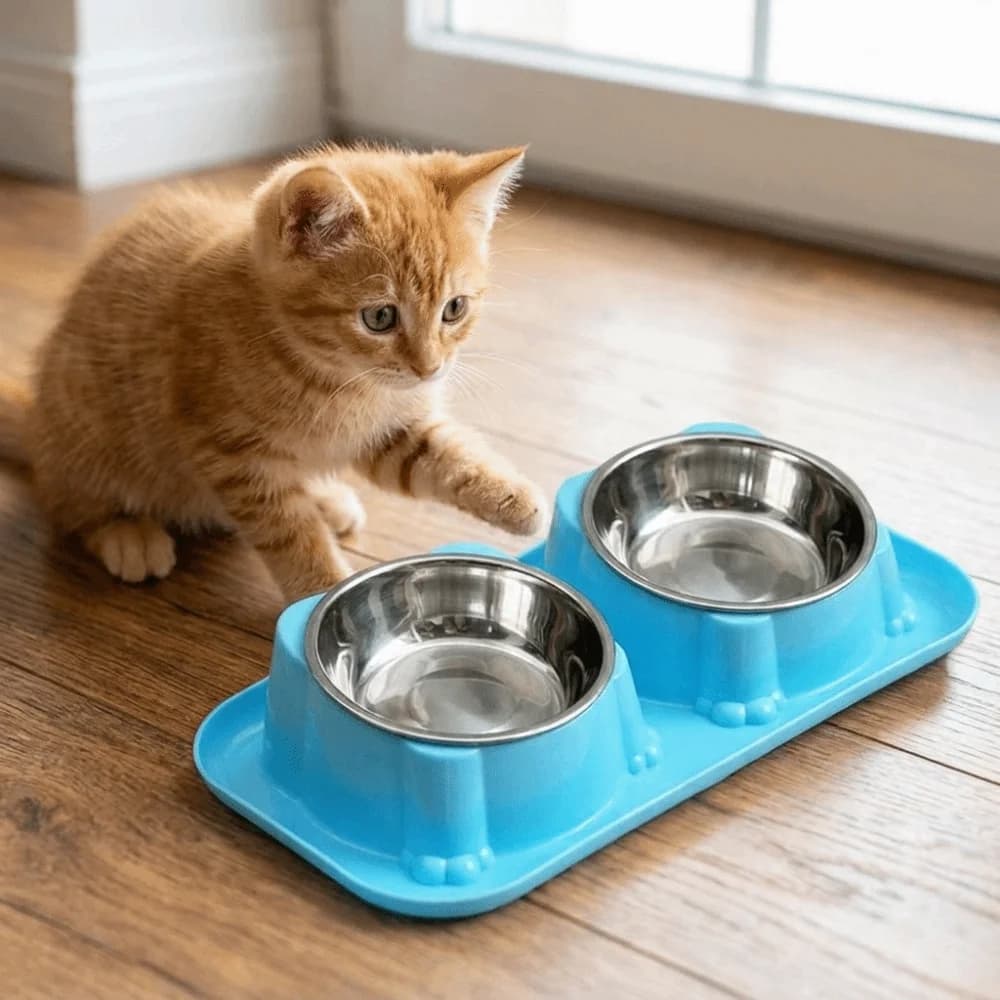 Anti-Overturning Stainless Steel Pet Bowl Detachable Leak-proof Double Pet Bowl Non-Slip Base Oblique Mouth Pet Food Container
