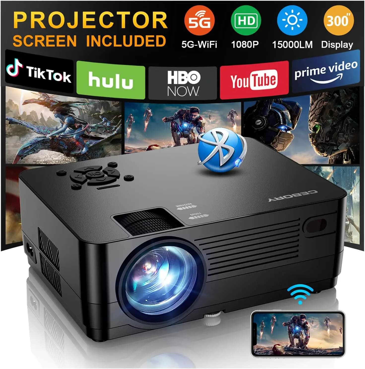 Proiettore nativo 1080P con WiFi e Bluetooth, proiettore cinematografico Full HD da 15000LM con schermo e borsa, supporto 4K, per casa, camera da letto, esterni