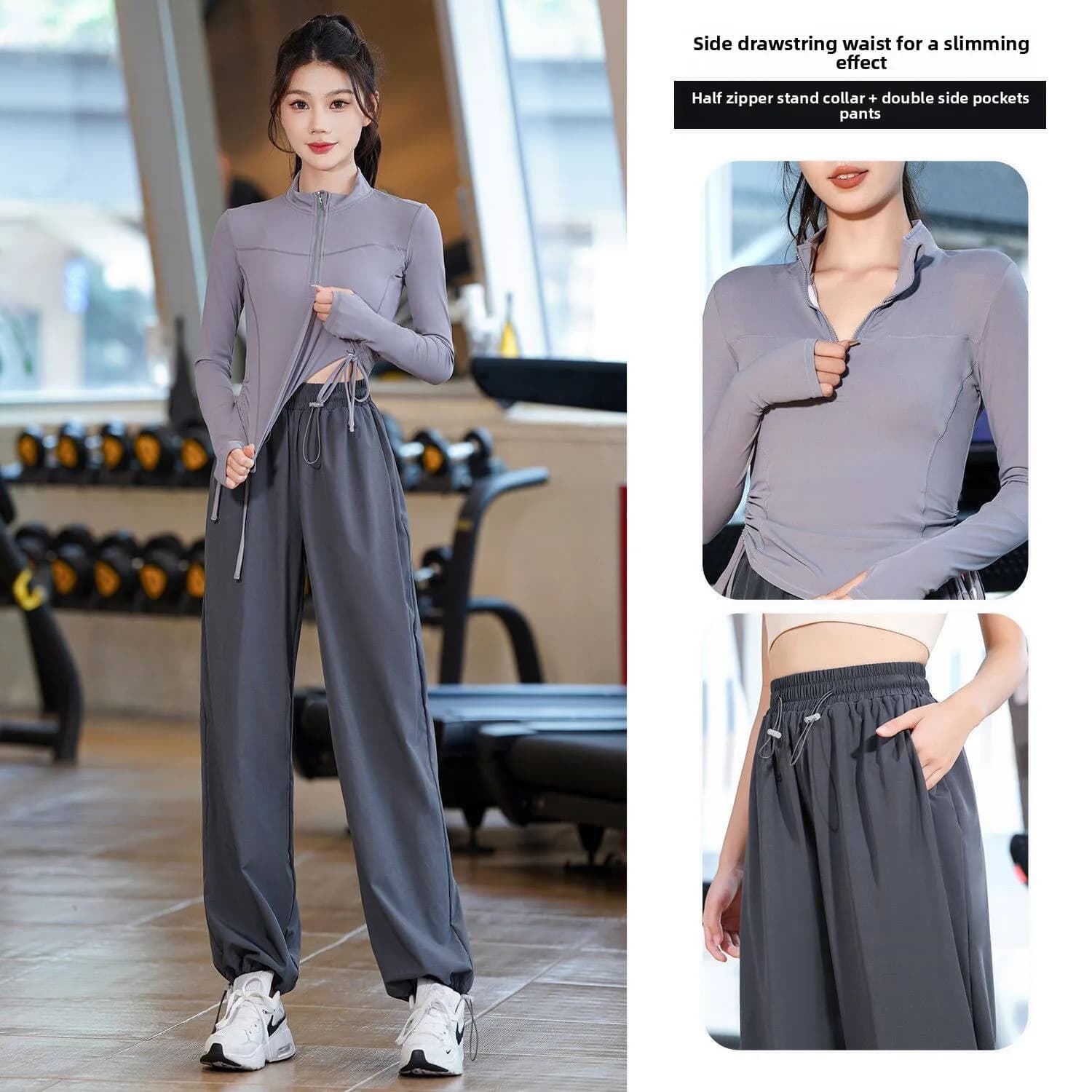 Kit da corsa e fitness per donna, design con coulisse, abbigliamento per yoga, escursionismo, arrampicata, allenamento, t-shirt a maniche lunghe e pantaloni
