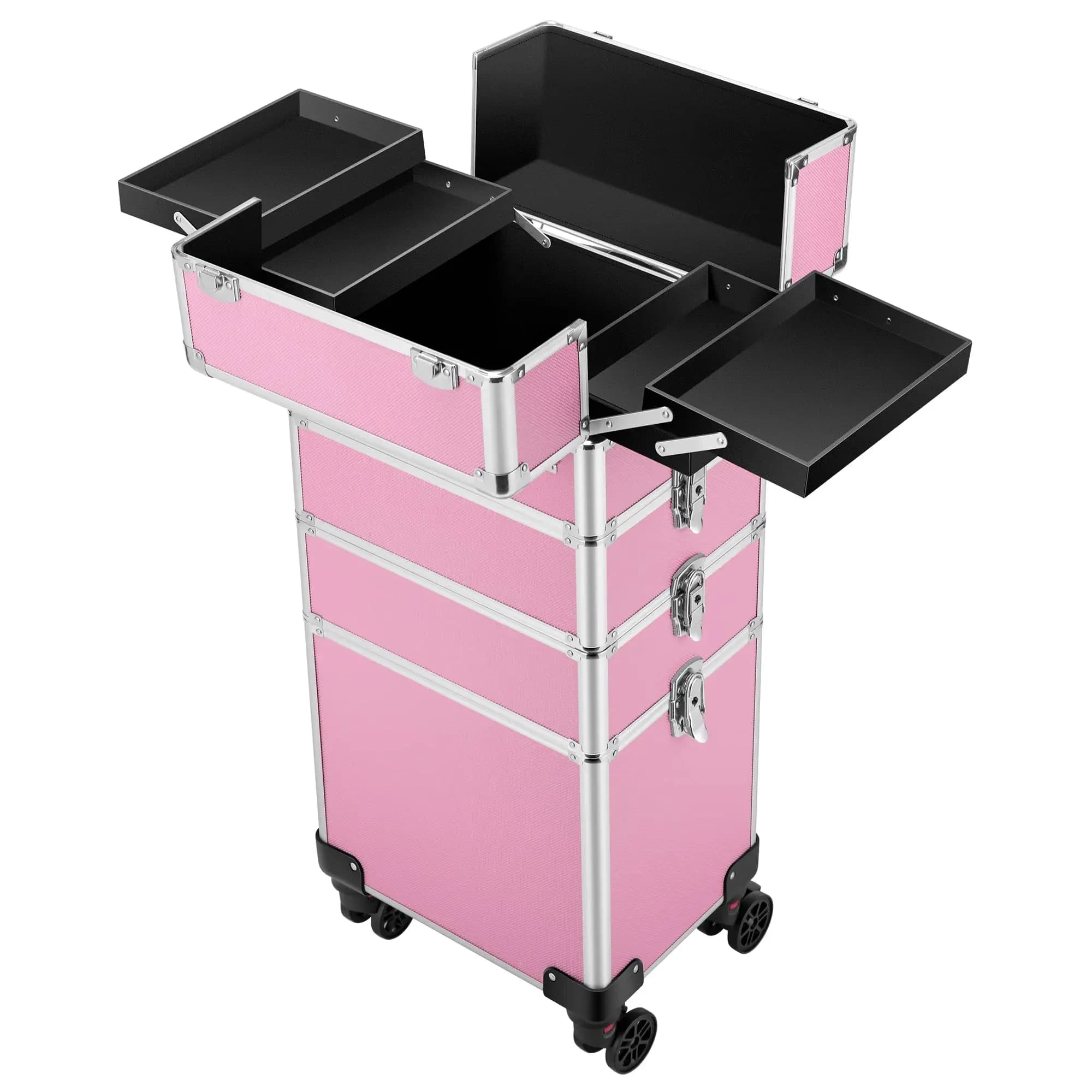 Valigia trolley professionale 4 in 1 in alluminio per trucchi, con tracolla e 2 chiavi, scatola portaoggetti per cosmetici e strumenti