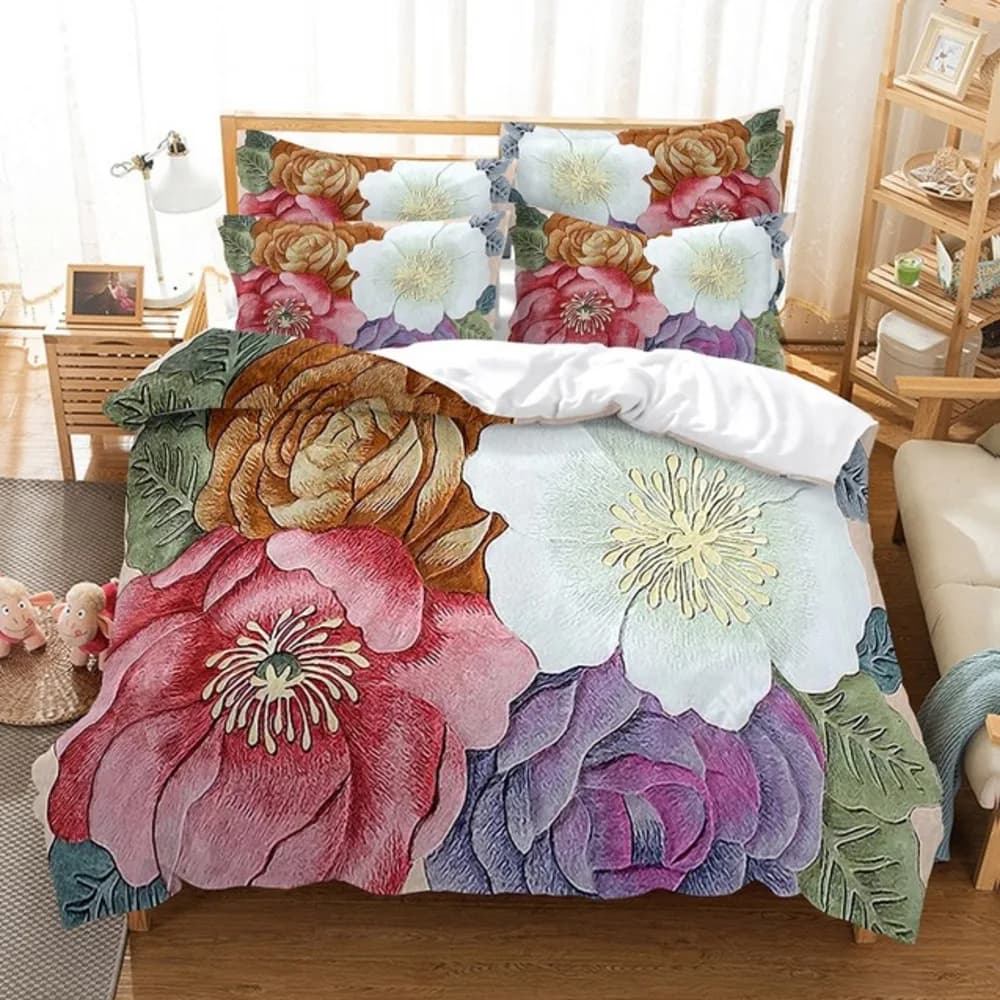 Set of quilted bed linen for plants flower flower pink red new Set adult duvet with 3D print bed linen Queen King Double Size