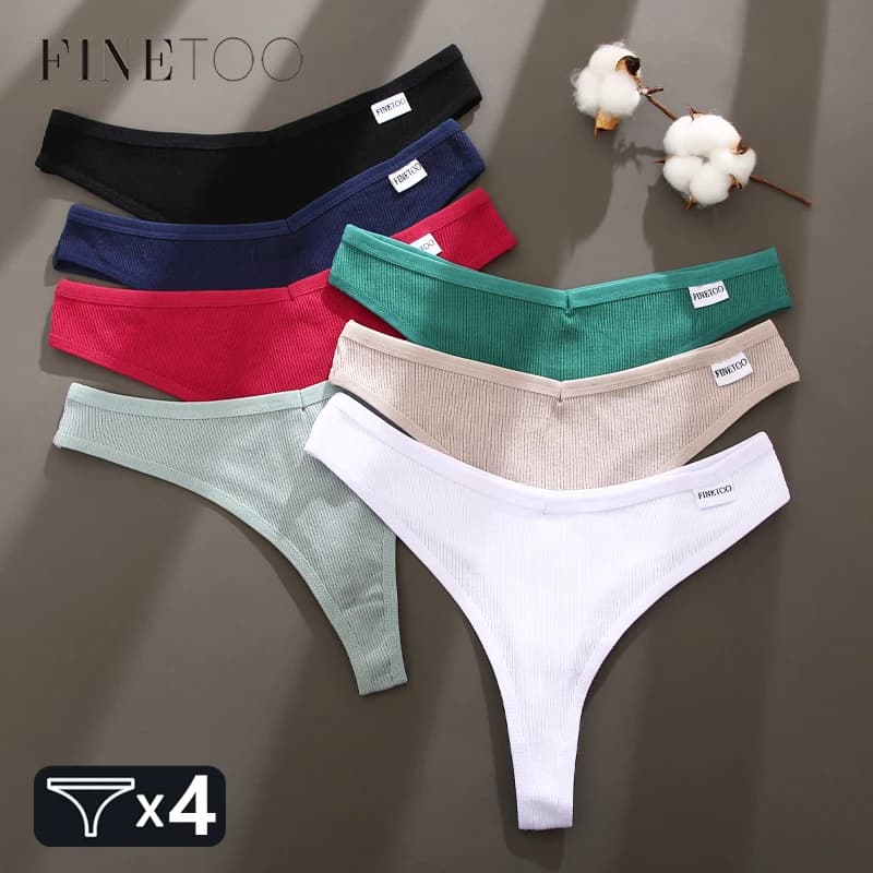 FINETOO 4 pezzi biancheria intima solida a righe in cotone per le donne sexy vita a V perizoma mutandine da donna confortevole morbido bikini T-back M-XL