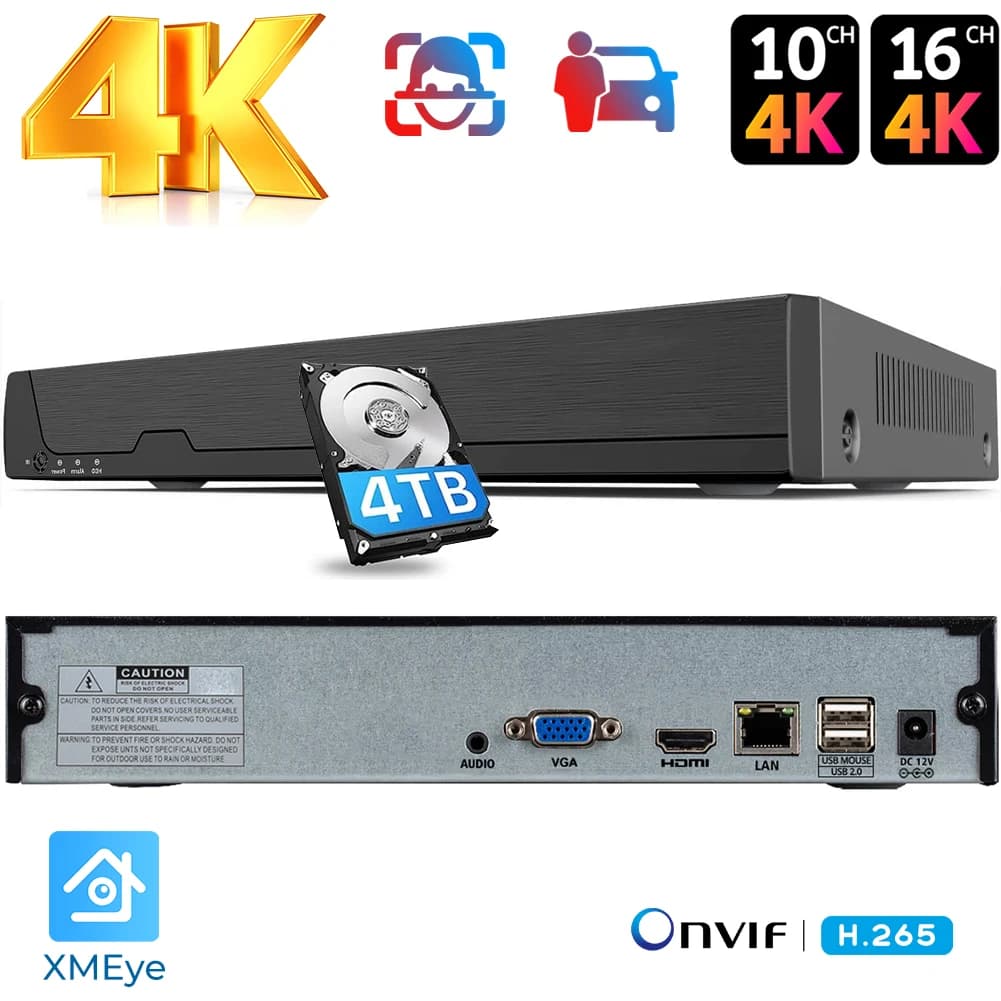 Videoregistratore di rete 4K 16CH NVR H.265 Onvif per telecamera IP (1080P/3MP/4MP/5MP/8MP) XMeye NVR Face Detect P2P Cloud CCTV Record