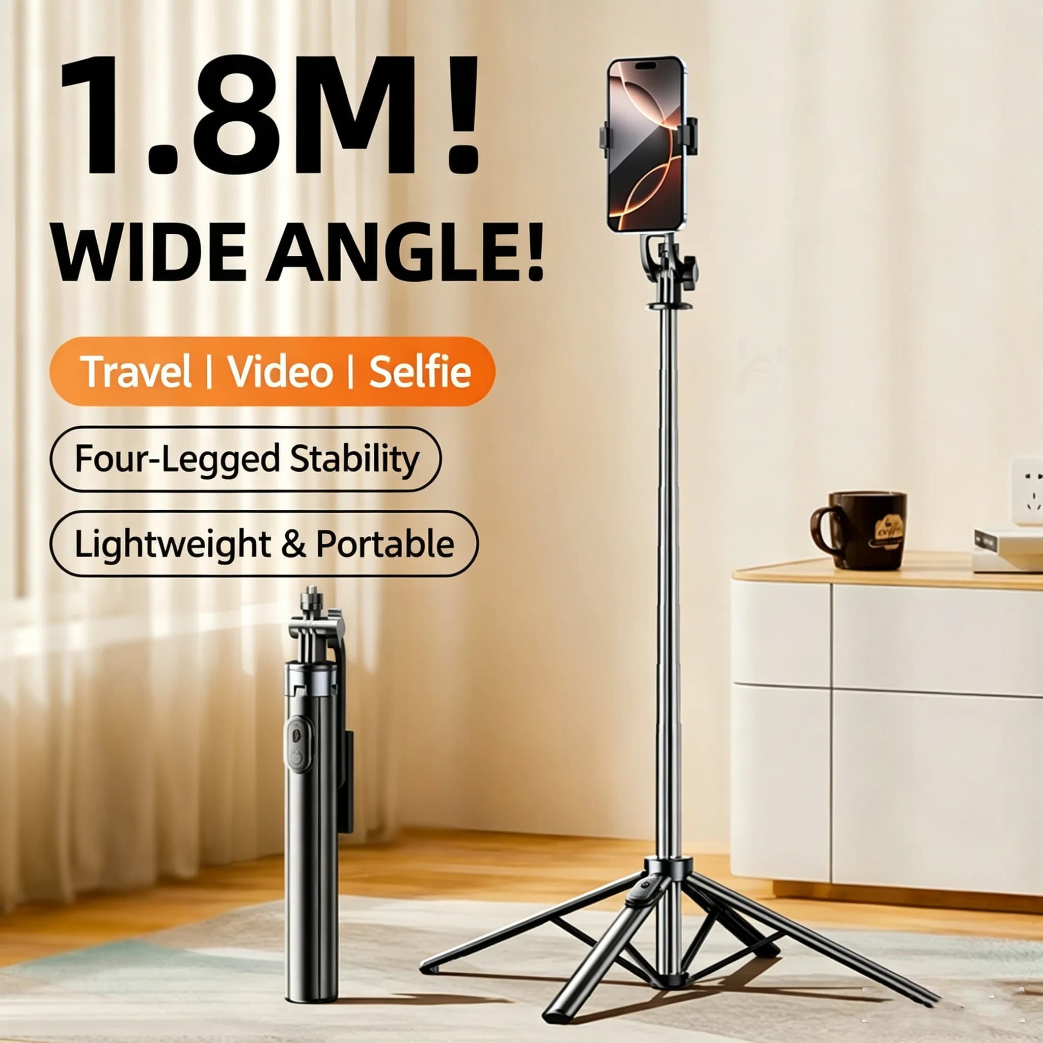Portable Travel Selfie Stick for Phones [4-Axis Stabilization] Universal Tripod with 360-Degree Rotation, Handheld for Photos