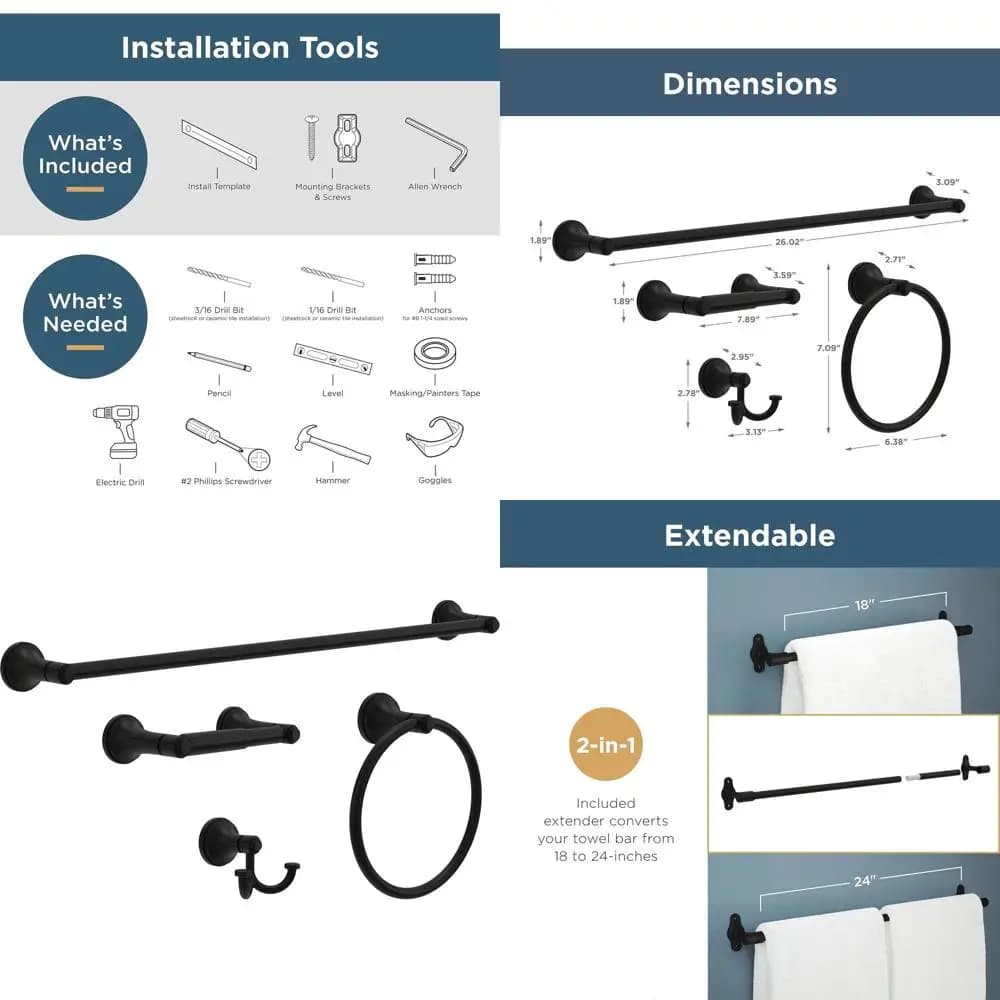 Set di accessori per il bagno in 4 pezzi, nero opaco: 18 portasciugamani, 6 barre portasciugamani, porta carta igienica, gancio