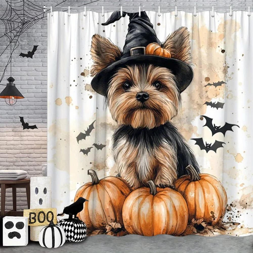 1pc Halloween Cute Dog Tenda da doccia in tessuto di poliestere Decorazioni per il bagno Set di tende da bagno sospese con 12 ganci 70,8x70,8 pollici Feat