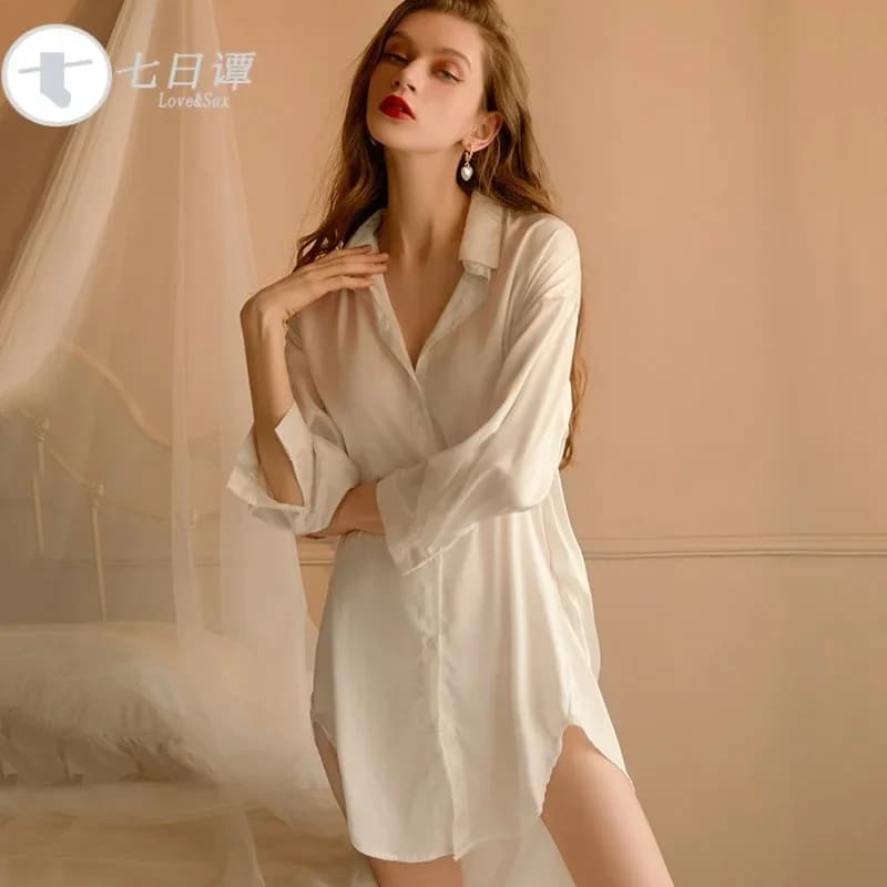 European and American hot-selling sexy silky satin boyfriend shirt and lace shorts two-piece set women's home pajamas