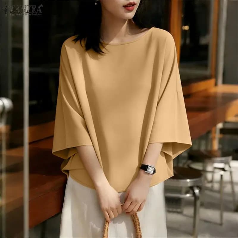 ZANZEA Camicette casual da donna, modello minimalista con scollo a O, maniche a 3/4, tinta unita, pullover, top estivi per l'uso quotidiano, Blusas de Mujer
