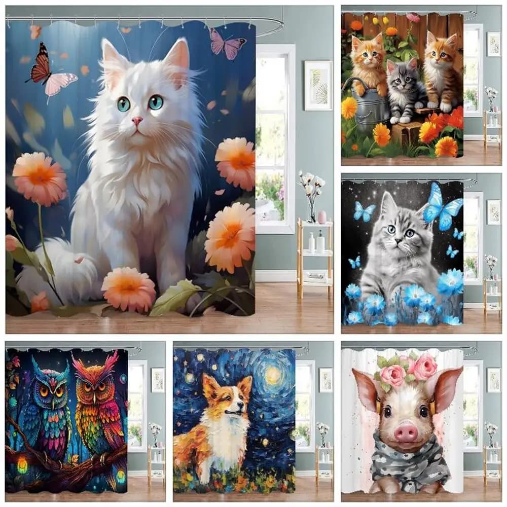 Divertente tenda da doccia animale simpatico gatto in fiore con farfalla svolazzante in tessuto di poliestere lavabile tenda da doccia decorazione del bagno