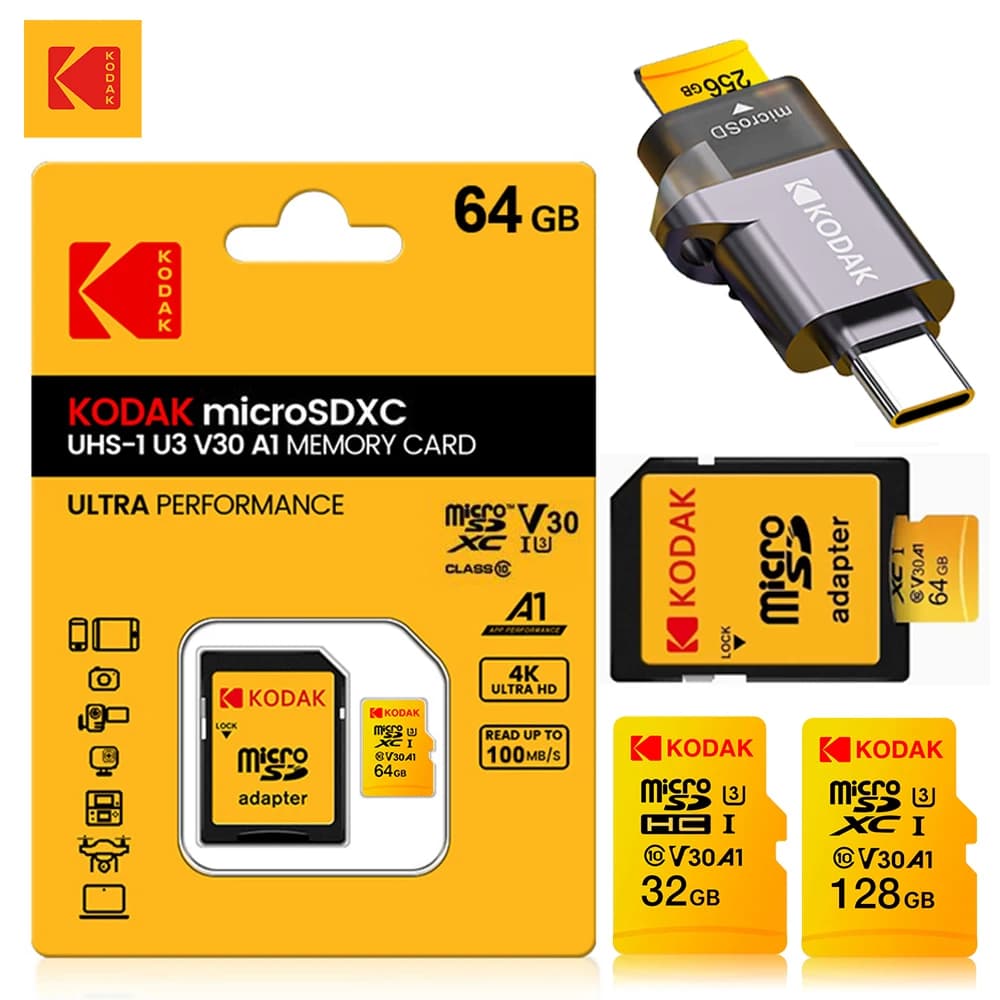 Scheda Micro SD KODAK con Lettore di Schede 32GB 64GB 128GB 256GB U3 Scheda di Memoria TF Microsd per Telefono Fotocamera Tablet PC