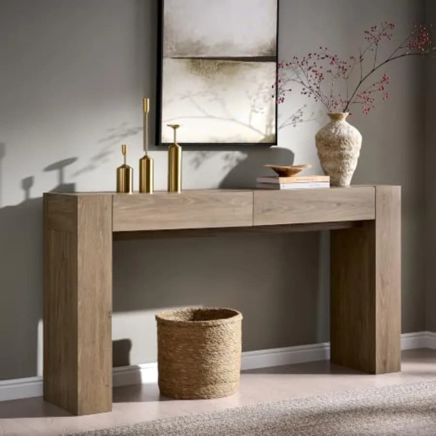 63 Console Table with Drawers for Entryway Use, Solid Wood, Natural Finish, Sturdy Thick Block Design